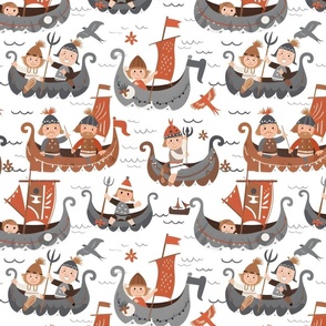 Cute Vikings on Long Boats Nordic Sailor Ship Gray Orange on White Illustration Kids' Print