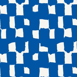 Abstract hand drawn brush stroke checkerboard - messy paint brush checks - bold and graphic artistic ink shapes - Santorini Blue on cream white - medium