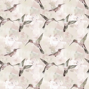 Humming Birds Flying on Dreamy Beige Tan Watercolored Background Wallpaper Bedding