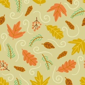 (SMALL) Graphic Autumn Leaves and Pine Cones on Sage Green