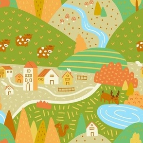 (SMALL) Playful Forest Scene with Mountain Landscape in Autumn Colors