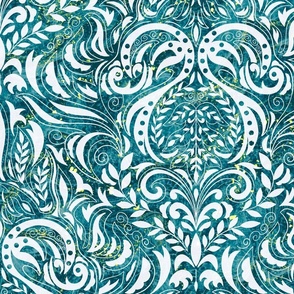 Traditional Damask blended with modern aesthetics on a Teal and Gold Marble Background