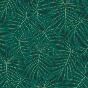 Moody tropical leaf in greens. Jumbo scale