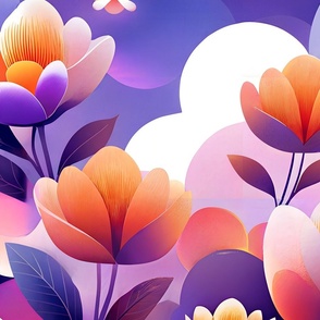 Purple and Orange Modern Floral Design with Clouds