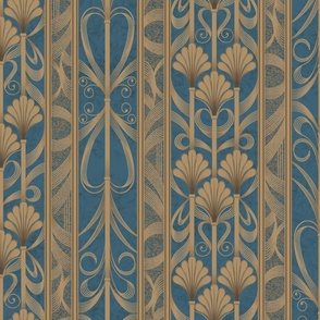 Bayoux Blue Modern Elegance - Art Deco Palmette Fan Trellis in Bayoux Blue and Gold