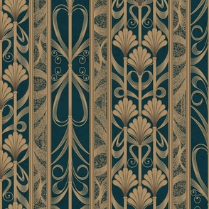 Midnight Green Modern Elegance - Art Deco Palmette Fan Trellis in Midnight Green and Gold