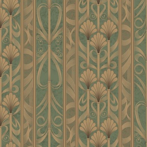 Green Modern Elegance - Art Deco Palmette Fan Trellis in Reseda Green and Gold