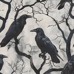 Gothic Ravens in Trees Water Color Vintage Halloween Weathered Rustic Distressed Macabre  Black Gray Wallpaper