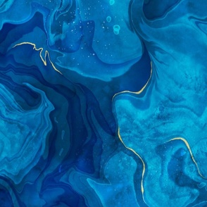 (Large) Alcohol Ink Marbled Abstract Fluid Art in Blues Navy Royal Blue and Gold