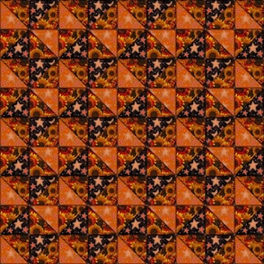 Sunflowers and Stars Patchwork Cheater Quilt Faux Stitching and Buttons Black and Orange