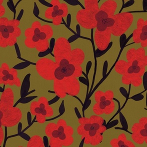 Modern Bold Colorful Flowers - Red Black Olive, Large