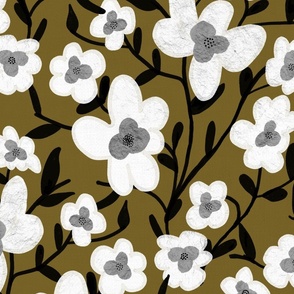 Modern Bold Colorful Flowers - White Gray Olive, Large