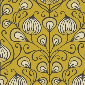 (L) bold abstract flowers damask - golden yellow, mustard (large scale)