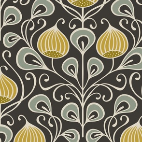 (L) bold abstract flowers damask - black, golden yellow, sage (large scale)