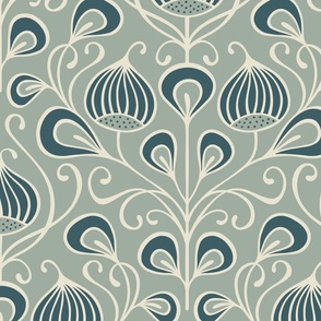 (L) bold abstract flowers damask - grey mint, teal (large scale)