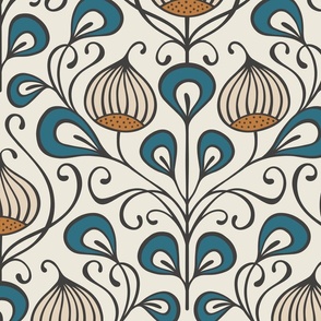 (L) bold abstract flowers damask - off white, teal, orange brown (large scale)