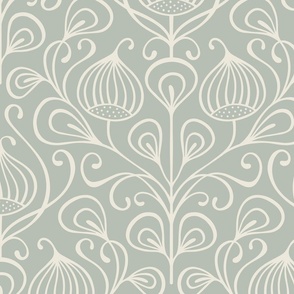 (L) bold abstract flowers damask - monochrome white on light grey (large scale)
