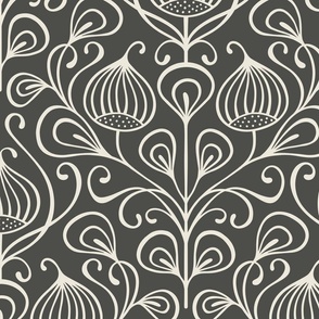 (L) bold abstract flowers damask - monochrome white on black (large scale)