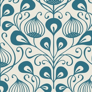 (L) bold abstract flowers damask - monochrome teal blue (large scale)