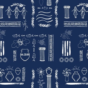 Grecian Tapestry - Navy Blue and White