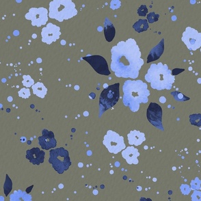 Watercolour Blooms Floral – blue & dark sage green background