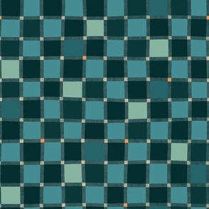 M Mid-Century Modern Teal and Green Checkerboard Fabric for Trendy Home Accents and Decor 0075 D Multicolored  turquoise cyan blue teal orange dots