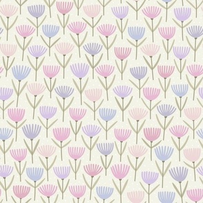M Whimsical Scandinavian Floral Pattern with Pink, Purple, and Blue Flowers on a Beige Dotted Background 0044 J Cozy Children Wallpaper Flower Flowers Daisy Beige Pink Violet Purple Green Leaves Adorned with Dots 