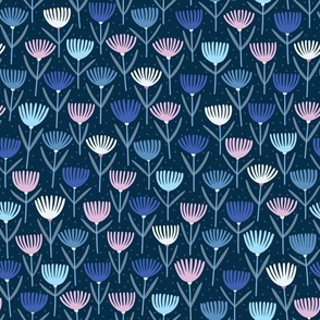 M Contemporary Flower Print with Blue and Pink Abstract Florals - Trendy Decor and Fashion Fabric 0044 I Cozy Children Wallpaper Flower Flowers Daisy Pink Sky Blue Navy Leaves Adorned with Dots 