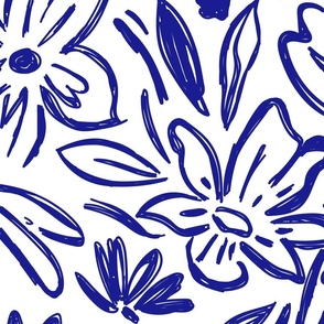 Blue abstract floral pattern with tropical leaves