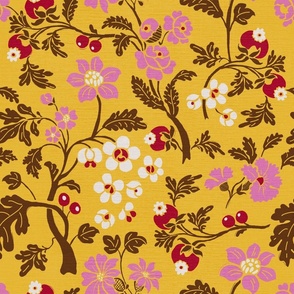 Chinoiserie Style Florals On Yellow - medium scale