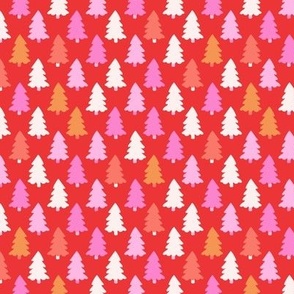 Pink Christmas - Little Seasonal pine tree forest minimalist retro woods design girls orange pink on red