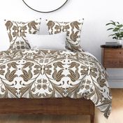 Large Floral Damask German Folk Art Block Print in coffee brown on pure white or printed on metallic gold or silver wallpaper, see description 