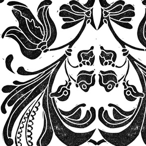 Large Floral Damask German Folk Art Block Print in true black on pure white or printed on metallic gold or silver wallpaper, see description