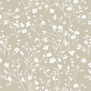 whimsical petite off-white flowers on a chameleon-like neutral beige / Coastal Fog - medium scale