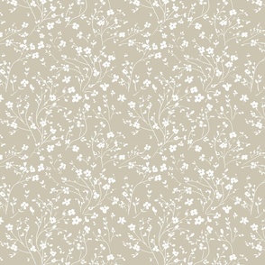 whimsical petite off-white flowers on a chameleon-like neutral beige / Coastal Fog - small scale