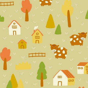 (LARGE) Autumn Woodland Village and Cows in Artichoke Green