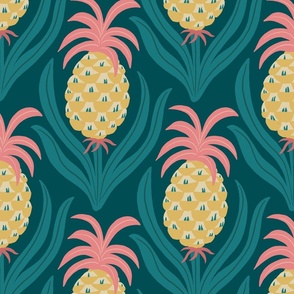 (L) Hollywood Pineapple Party - hand-drawn colorful graphic pineapples - yellow and pink on teal