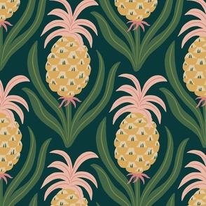 (L) Hollywood Pineapple Party - hand-drawn colorful graphic pineapples - yellow and pink on deep green