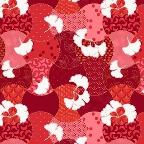 M / Red Ginkgo Faux Sashiko Japanese Patchwork Embroidery Cheater Quilt