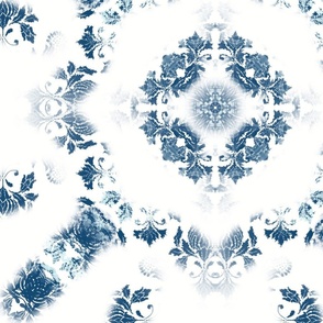 blue shibori  lace bleach washed pattern on white