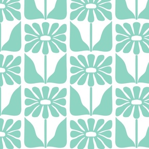 Retro Block Print Floral Checkerboard Midcentury design in 70s colors Aqua Blue