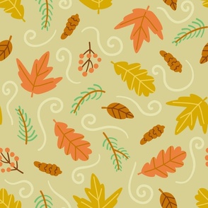(MEDIUM) Graphic Autumn Leaves and Pine Cones on Sage Green
