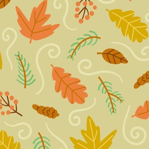 (LARGE) Graphic Autumn Leaves and Pine Cones on Sage Green