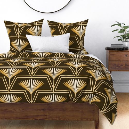 L _ Art Deco Floral Abstract Petal in Bloom _ Brown and Gold Tonal