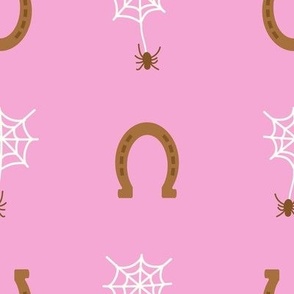 Western Cobwebs, Spiders and Horseshoes on Pink (med)