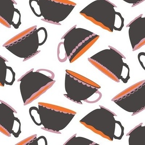 Pretty teacups - dark gray, orange and light purple