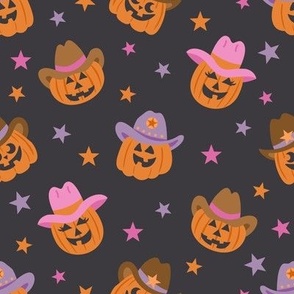 Halloween Cowboy and Cowgirl Jack-o-lanterns on Dark Gray (med)