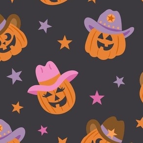 Halloween Cowboy and Cowgirl Jack-o-lanterns on Dark Gray (lg)