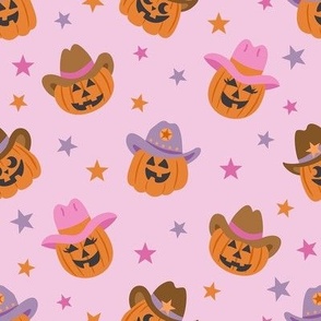 Halloween Cowboy and Cowgirl Jack-o-lanterns on Dusty Pink (sm)