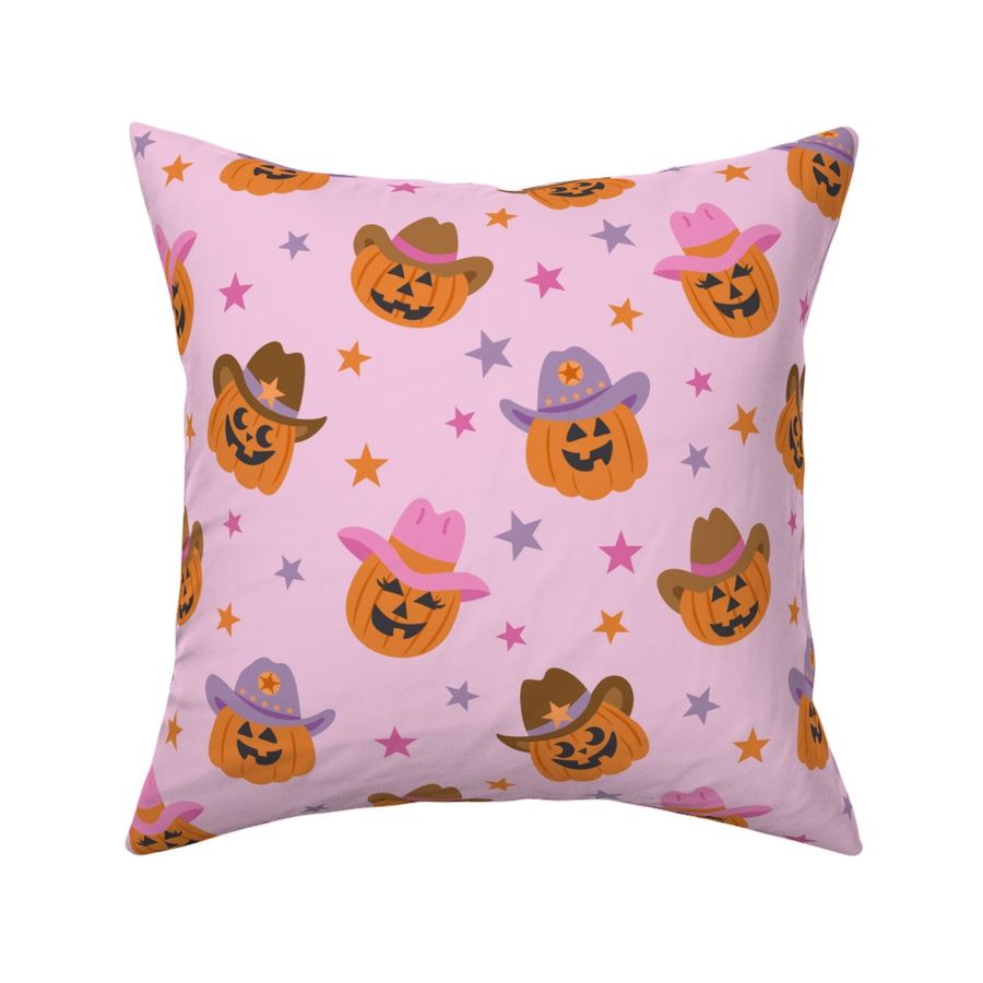 Halloween Cowboy and Cowgirl Jack-o-lanterns on Dusty Pink (lg)